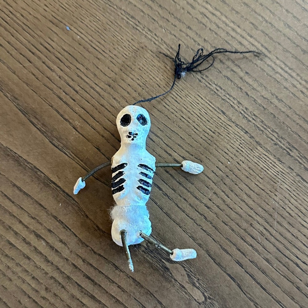 Antique German Skeleton Spring Ornament Toy 4'' Halloween Folk Art Missing Foot